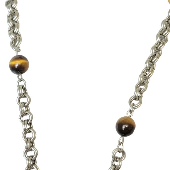 Vintage 80s Tigers Eye Bead Chain Necklace Women Silver Jewelry Crystal Gemstone - Picture 7 of 11